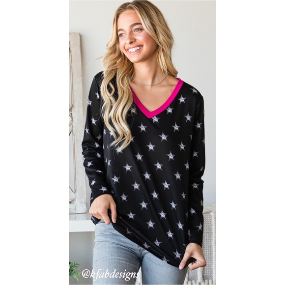 Tops - ❤️LAST 1! So Soft! V Neck Hot Pink Contrast Soft Faded Star Top!